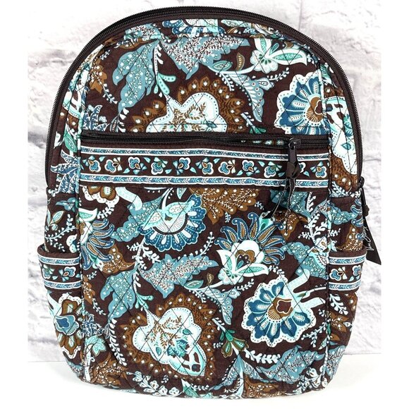 Vera Bradley Backpack Java Blue Brown Floral Quilted Purse Bag Zipper Retired - Picture 1 of 16
